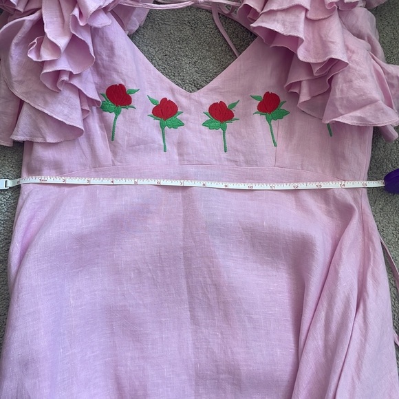 NWOT Fanm Mon Aster Pink Demre Linen Embroidered Maxi Dress Ruffle Sleeve SIZE S - Picture 9 of 9